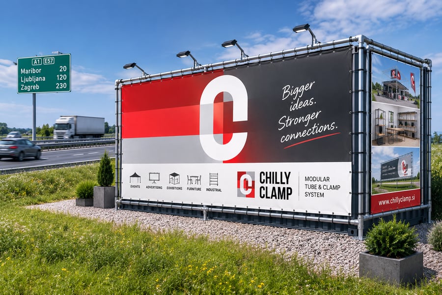 Reklamne konstrukcije iz cevnih spojnikov Chilly Clamp